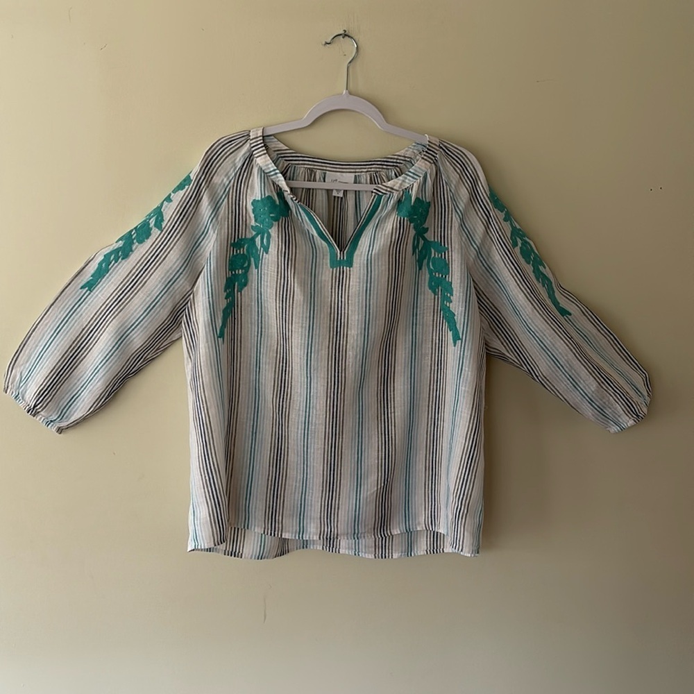 J. Jill Love Linen Blouse White With Teal Stripes Scroll Pattern Size M